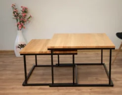 Couchtisch Set quadratisch massiv eiche mit Metallgestell